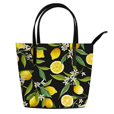 Imagem de Bolsa de ombro feminina de flor de limão e couro preto, bolsa de trabalho grande casual