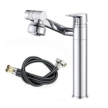 Imagem de Torneira giratória da pia do banheiro misturador de convés montagem à prova de respingos torneira de água cabeça de chuveiro torneira para acessórios de banheiro, mangueira l prata, china