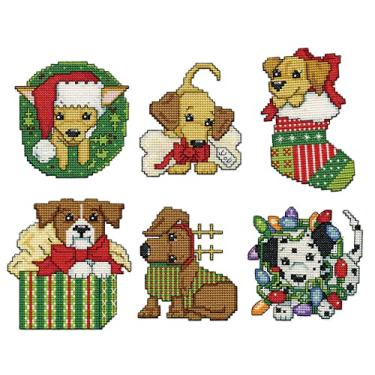 Imagem de Design Works Crafts Kit de ornamentos de ponto cruz contado para filhotes de Natal, branco