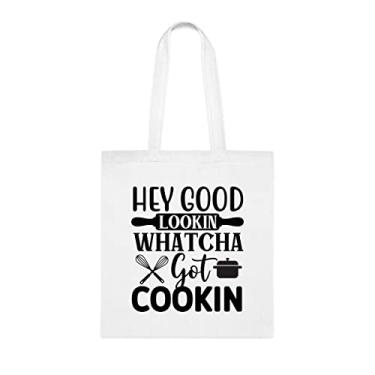 Imagem de Sacola Whatcha Got Cookin da Hey Good Lookin, presente divertido, bolsa de ombro, bolsas reutilizáveis, ideia de presente de cesta de Natal de aniversário, Branco