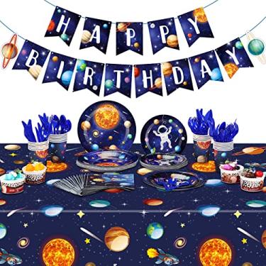 Imagem de Outer Space Birthday Party Supplies Serve 24 Space Party Tableware Set Including Happy Birthday Banner Solar System Tablecloth Paper Plates Cups Napkins Knives Forks Spoons for Kids Party Decoration