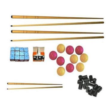 Imagem de 4 Taco +2 Mini + Giz Azul+ Branco+ Bola + 6 Ponteira Sinuca