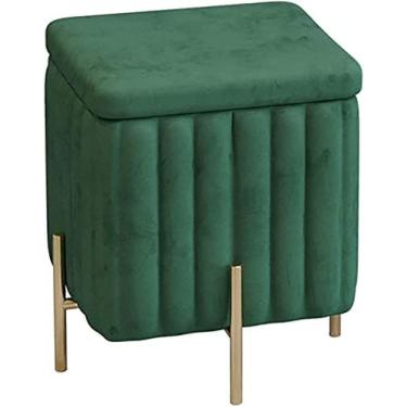 Imagem de Banquinho De Armazenamento Beautify Verde Veludo Repousa-pés Pufe Banco De Armazenamento Otomano Cubo Apoio Para Os Pés Baú Quadrado Com Pernas Douradas Para Quarto, Penteadeira,Verde,45x45x42cm,P