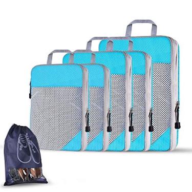 Imagem de Cubos de embalagem de compressão para viagens, 6 peças Acessórios organizadores de bagagem expansível - 5 sacos de armazenamento de malha leves e 1 saco de sapato para viagem, fitness, armazenamento doméstico (azul)