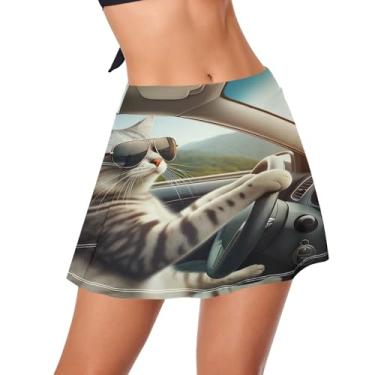 Imagem de CHIFIGNO Saia de natação feminina, roupa de banho atlética, cintura alta, saia com bolso lateral, Gato legal dirigindo um carro, M