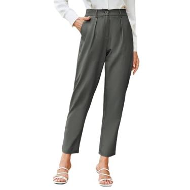 Imagem de GRACE KARIN Calça feminina casual de trabalho com bolsos e cintura elástica xadrez, 2122-cinza, P