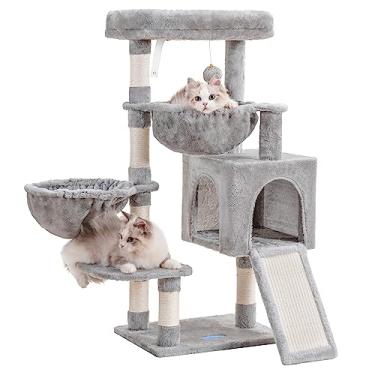 Imagem de Árvore para gatos Hey-brother MPJ006SW, torre para gatos domésticos, casa com cama grande acolchoada, condomínio aconchegante, com redes e postes de sisal para arranhar, arranhador grande, cinza-claro