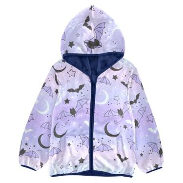 Imagem de KLL Casaco de lã com capuz de morcegos com estampa fofa roxa Happy Halloween meninos casaco de inverno azul marinho, Morcegos com padrão fofo, roxo, feliz dia das bruxas, 9-10 Anos