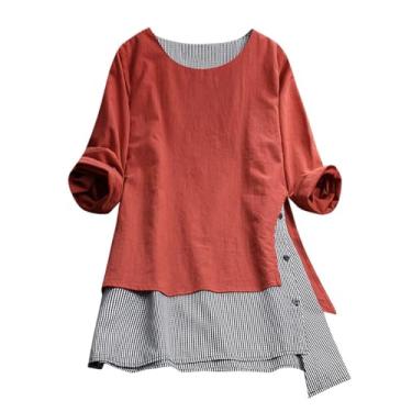 Imagem de Blusa feminina plus size de algodão solto de linho, xadrez, com botões, gola redonda, manga comprida, Laranja, M