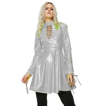 Imagem de JQYTEN Vestido feminino de PVC manga longa gótico vinil vazado evasê vestido de cintura alta acima do joelho mini vestido de festa plus size 7GG, Prata, 4G
