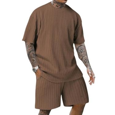 Imagem de COZYEASE Conjunto de 2 peças masculinas de manga curta, gola redonda, camiseta de verão e shorts casuais com cordão, Marrom café, P