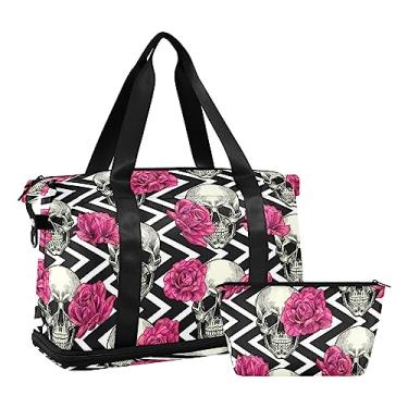 Imagem de Bolsa feminina de fim de semana, libélula, roxa, academia, esportiva, bolsa de viagem com bolsa de higiene pessoal, Flores vermelhas de caveira, One Size