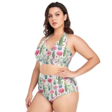 Imagem de Biquíni feminino plus size, 2 peças, cintura alta, frente única, franzido, Cacto verde e flores rosa, 3G Plus Size