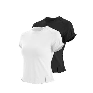 Imagem de MEALMATO Camiseta feminina de verão de manga curta 2024 casual com punhos enrolados camisetas básicas justas para bebês, A preto + branco, 9-11