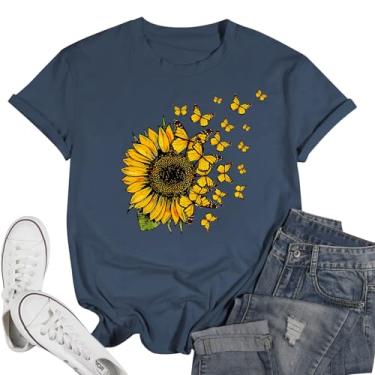 Imagem de Wrenpies Camisetas femininas com estampa de borboletas de flores fofas de girassol para meninas adolescentes e modernas, floral, casual, soltas, Azul marinho, XXG