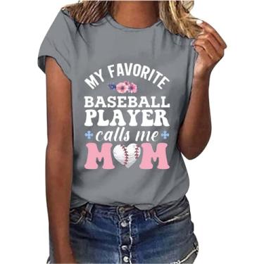 Imagem de Camiseta de beisebol PKDong My Favorite Baseball Player Calls Me Mom com estampa de letras fofas gola redonda manga curta tops de verão, Cinza, XXG