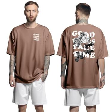 Imagem de Camisa Camiseta Oversized Streetwar Genuine Grit Masculina Larga 100% Algodão 30.1 Good Things Take Time - Marrom - G