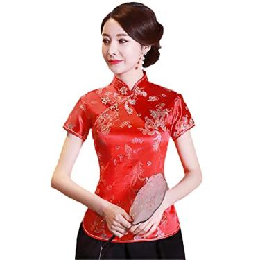 Imagem de Camiseta feminina vintage verão flor chinesa tradicional cetim novidade dragão roupas novidade roupas novidade roupas, A0019 Vermelho, GG