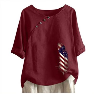Imagem de Camiseta feminina com bandeira americana de linho, vermelha, branca e azul, estampa pluma de verão, manga curta, gola redonda, blusa de botão, Vermelho, XXG