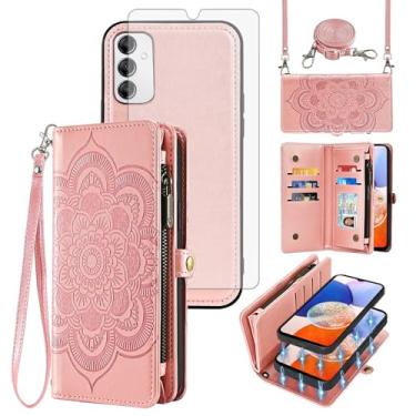 Imagem de Asuwish Capa de celular para Samsung Galaxy A14/M14 5G Carteira com zíper destacável com protetor de tela de vidro temperado alça transversal porta-cartão de flores A 14 4G 14A 14M G5 mulheres meninas