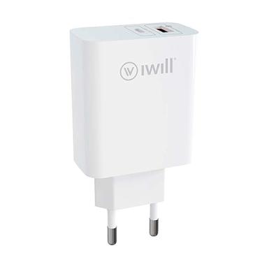 Imagem de Adaptador de Parede 30W: 1 USB QC + 1 USB-C PD - iWill, Branco