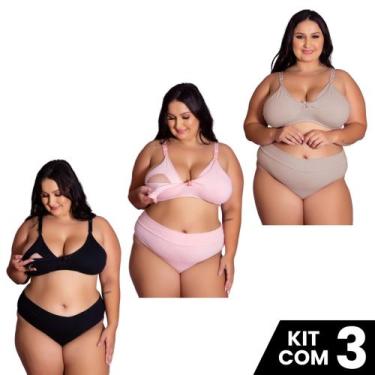 Imagem de Kit 3 Conjuntos Sutiã e Calcinha Cotton Amamentação Plus Size Tamanho 