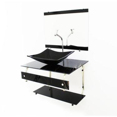 Imagem de Kit gabinete banheiro 60cm it inox com cuba retangular mármore preto +