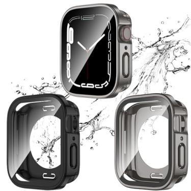 Imagem de Pacote com 2 capas 2 em 1 à prova d'água para Apple Watch Series SE 6 5 4 4 mm, borda reta PC amortecedor frontal e traseiro com protetor de tela de vidro temperado 360 capa protetora para iWatch (44