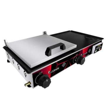 Imagem de Chapeira Chapa Lanche Hot Dog C/prensa 30x60 Inox À Gás 2q PREMIUM - L