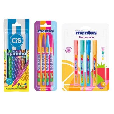 Imagem de Kit Caneta Jet Lux Mentos + Marca Texto Mentos Com Cheirinho + Caneta Mini Spirinho