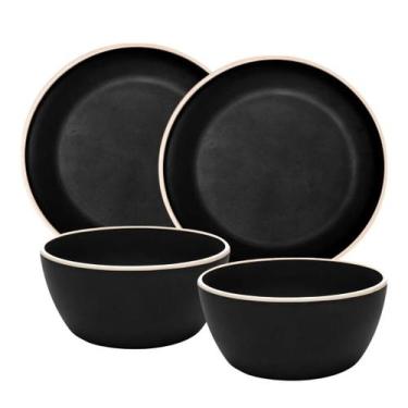 Imagem de Jogo De 2 Pratos & 2 Bowls De Melamina Preto Resistentes Decoração - W