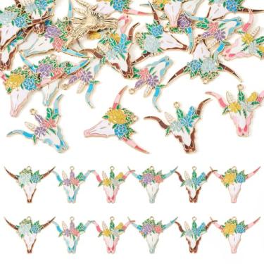 Imagem de Cheriswelry Pingentes de cabeça de gado esmaltados, 24 peças, pingentes de metal de liga metálica com estampa de flores, pingentes de cabeça de boi em ouro claro 33,5 a 34 mm para artesanato DIY,