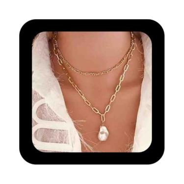 Imagem de Iaceble Colar com pingente de pérola Boho colares em camadas de pérolas colar de corrente de clipe de papel de ouro colar gargantilha de pérola barroca joias de corrente grossa para mulheres e meninas