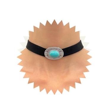 Imagem de Sttiafay Colar gargantilha de couro turquesa boêmia, preto, de veludo, camurça, turquesa, curto, turquesa, vintage, tribal, joia feminina, Zinco, Sem Pedra Preciosa