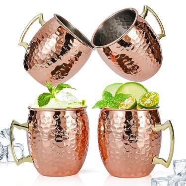 Imagem de Amrules Conjunto de 4 canecas Moscow Mule Canecas de 473 ml de cobre martelado com forro de aço inoxidável 304 e alças de latão dourado, perfeitas para bebidas frias, cerveja, vinho, bares, festas,