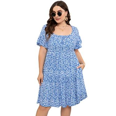 Imagem de ShopWonder Vestido de verão feminino plus size, gola V, comprimento até o joelho, plus size, evasê, rodado, com bolsos, Flor azul, 5G