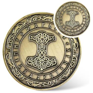 Imagem de IELCJJ Moeda Viking Thor Hammer - Mjolnir Mythology Runes Protetor Talismã Amuleto - Presentes para homens e mulheres