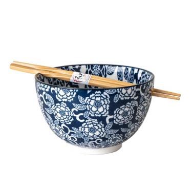 Imagem de Hinomaru Collection Tigelas de arroz de macarrão Ramen Udon com pauzinhos de 600 ml 15 cm de diâmetro, conjuntos de tigelas de design japonês, embalagem colorida (peônias (botão))