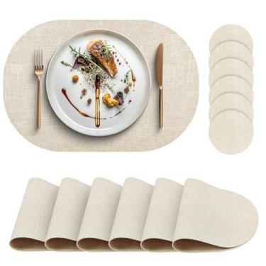 Imagem de yuuzue Jogo americano de couro sintético conjunto de 6 com porta-copos combinando, jogo americano oval de poliuretano resistente ao calor, impermeável, limpável, lavável, jogo americano antiderrapante