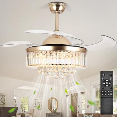 Imagem de Bavnnro Ventilador de Teto de Cristal com Lustre Reversível de 42'' com Luzes, Ventilador de Teto Moderno com Escurecimento Contínuo Lâminas Invisíveis Retráteis com Controle Remoto, Kits de Fandelier