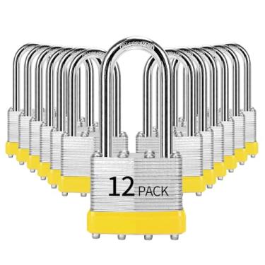 Imagem de HZSY Cadeado com chave de aço laminado (1-9/40.6 cm, 40 mm), fechaduras com chave, embalado com 12, cadeados longos, aros de plástico amarelo, para caixa de ferramentas, armário e unidade de