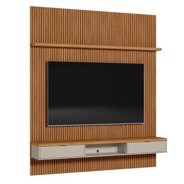 Imagem de Painel Ripado Marisa Com 1 Nicho Com Tampo Engrossado E 1 Prateleira Nature E Off White 220x250 Cm