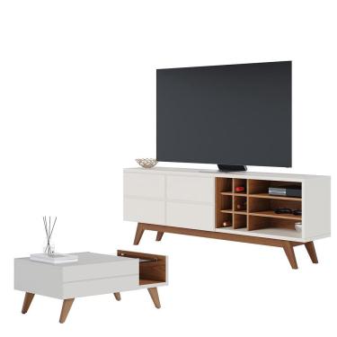 Imagem de Sala de Estar Noronha Rack Bancada e Mesa de Centro - Colibri Off White Matte/Freijó