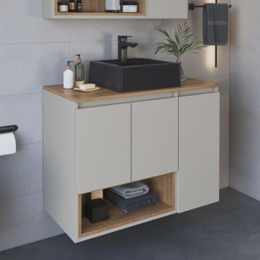 Imagem de Gabinete de Banheiro Suspenso 80cm Cecília com 3 Portas e 1 Nicho com Cuba