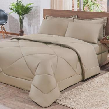 Imagem de Kit Edredom + Jogo De Lençol Aconchego Look House Dupla Face Solteiro 04 Peças - Caqui