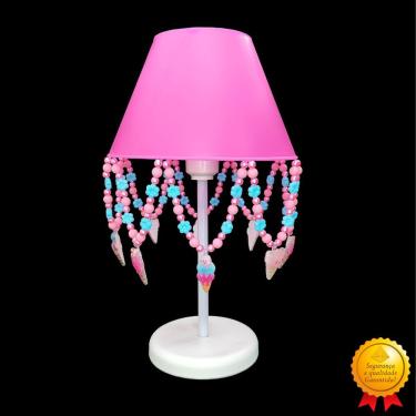 Imagem de Luminária Infantil Abajur para Mesa de Cabeceira Decoração Quarto de Bebê Menina Rosa Pink Pérolas 17x30cm