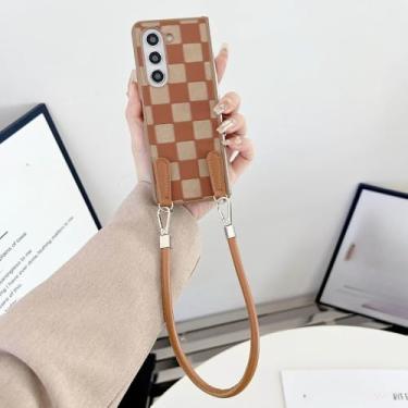 Imagem de Capa de couro PU com alça de pulso xadrez para Samsung Galaxy Z Fold 6 Fold 5 4 Fold 3 5G Capa de proteção, marrom, para Samsung Galaxy Z Fold6