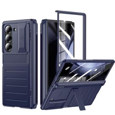 Imagem de Capa para Samsung Galaxy Z Fold6: capa fina com suporte de dobradiça com protetor de tela e suporte para caneta S - Capa protetora rígida de corpo inteiro para mulheres e homens (azul)