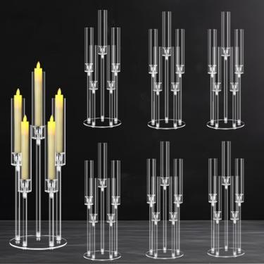 Imagem de 6 peças centrais de candelabro de acrílico com 5 braços para decoração de mesas, suporte de vela transparente para decoração de festa de casamento de Halloween, Natal, suporte de castiçal com abajur,