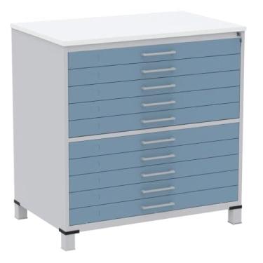 Imagem de Mapoteca 10 Gavetas Pandin 120cm (larg) Tampo Mdp Branco Estrutura Aço Cinza Gaveta Azul Dali